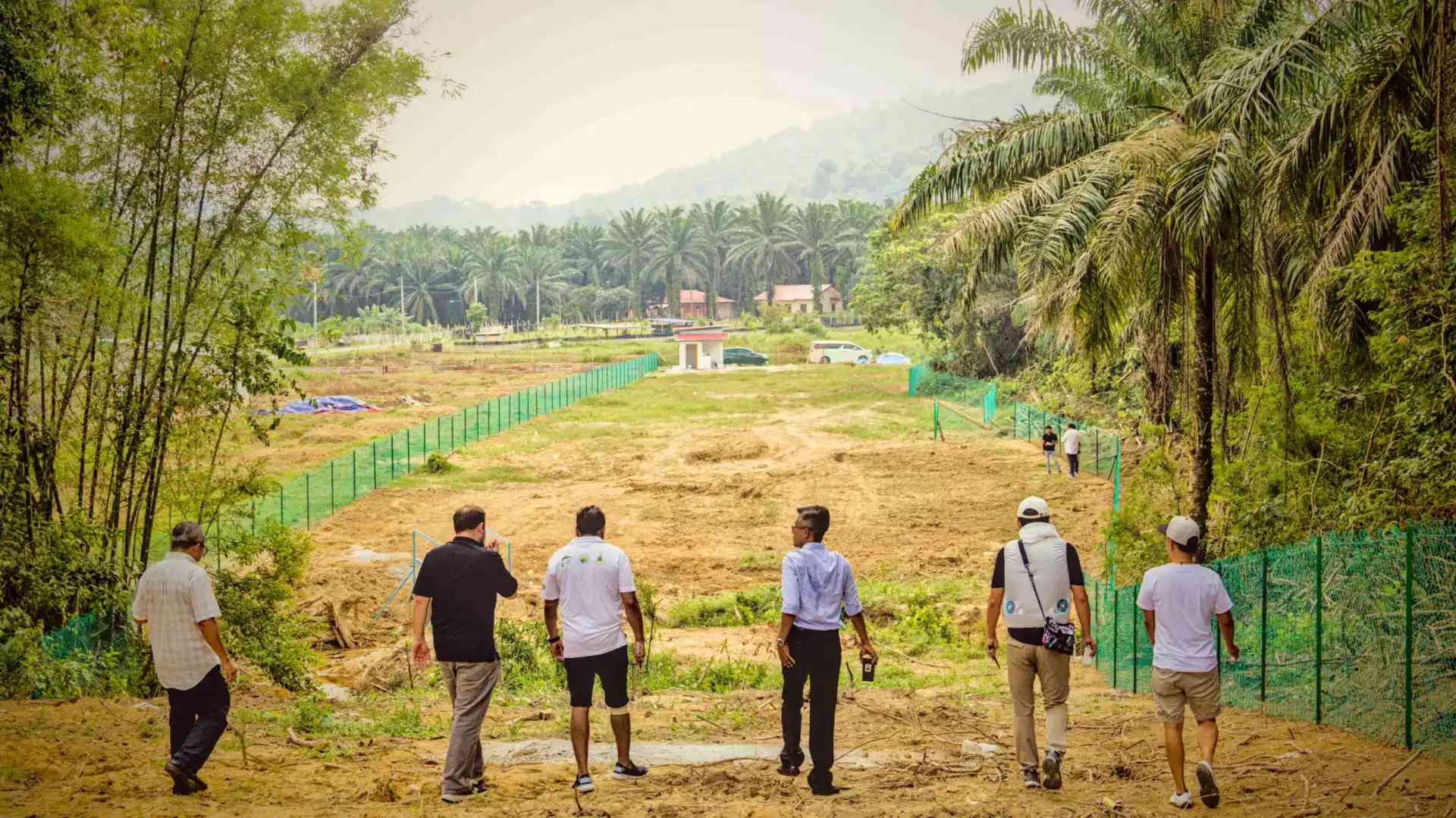 Landscape shot of Pongamia Plantation in Johor with a line of people walking foward with their backs turned to the viewer,